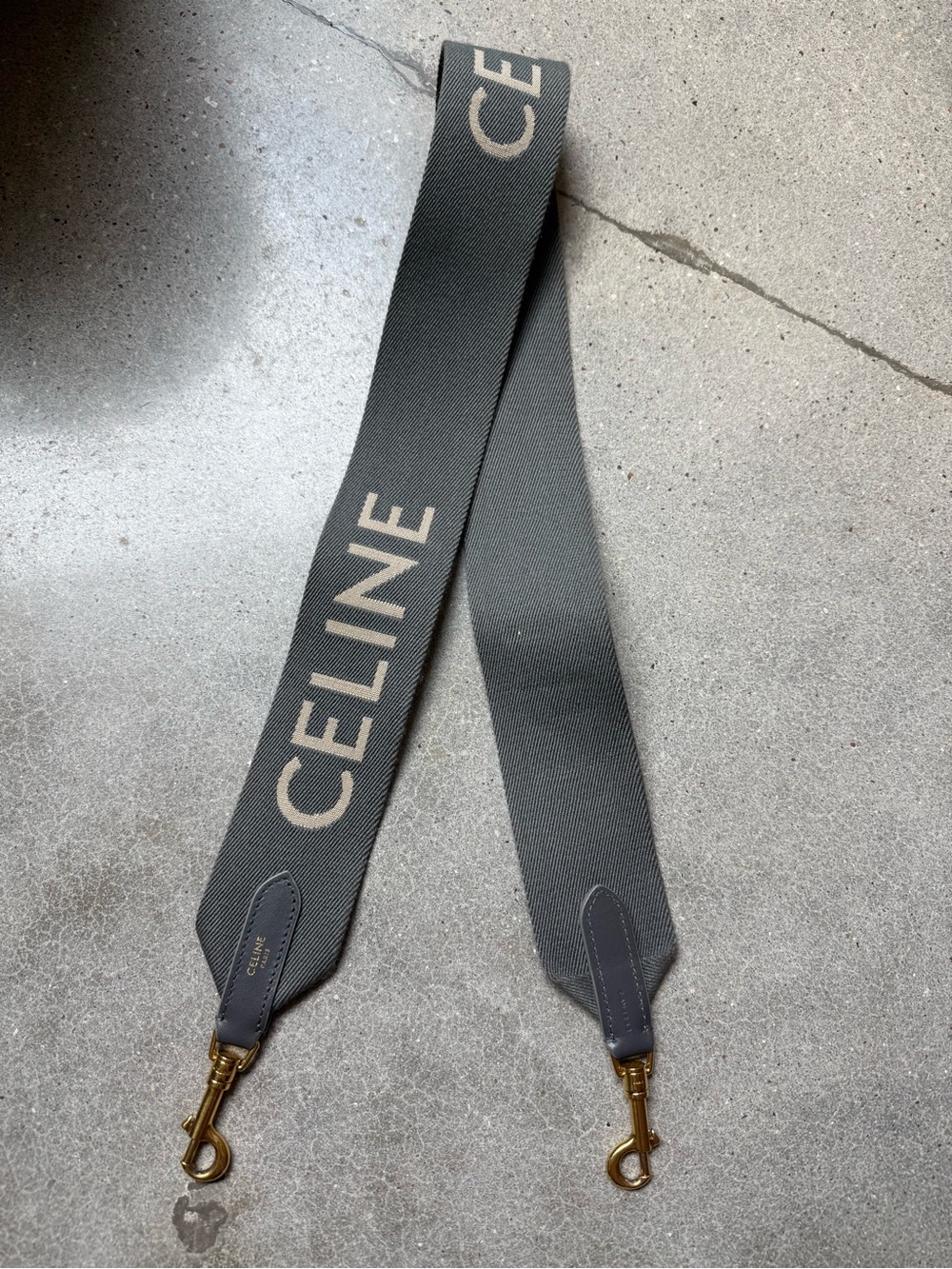 Celine gray logo purse shoulder strap with gold hardware